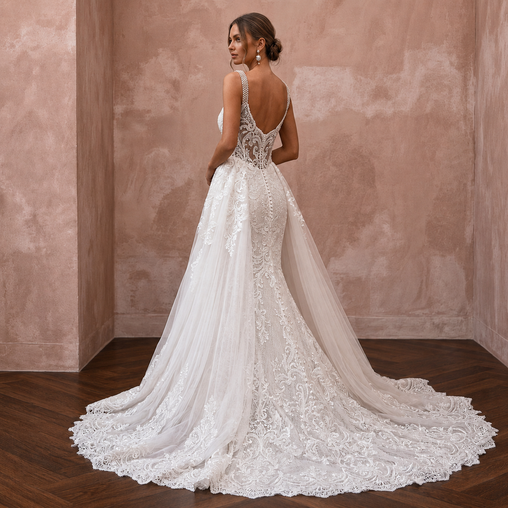 Lace Mermaid Bridal Gown with Detachable Train - Apparel & Accessories > Clothing > Wedding & Bridal Party Dresses > Wedding Dresses - Mignonette Bridal