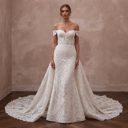 Lace Trumpet Bridal Gown with Detachable Train - Apparel & Accessories > Clothing > Wedding & Bridal Party Dresses > Wedding Dresses - Mignonette Bridal