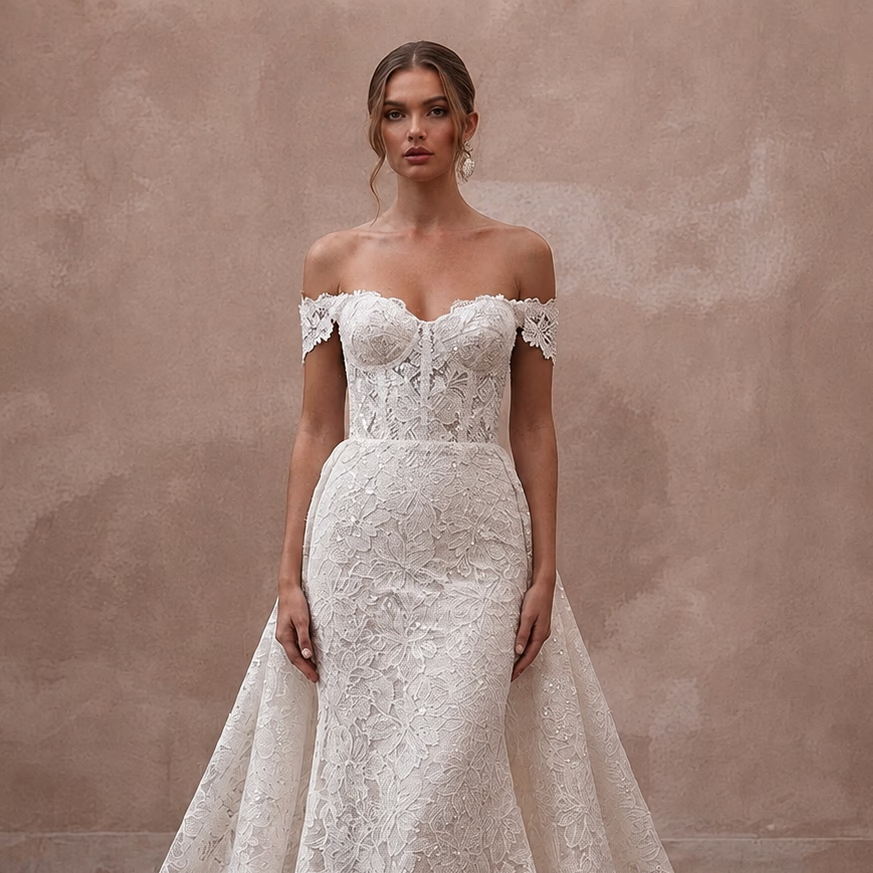 Lace Trumpet Bridal Gown with Detachable Train - Apparel & Accessories > Clothing > Wedding & Bridal Party Dresses > Wedding Dresses - Mignonette Bridal