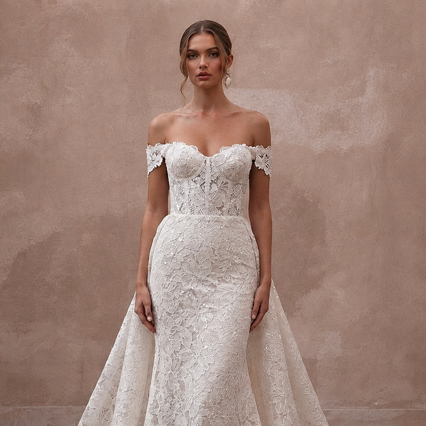 Lace Trumpet Bridal Gown with Detachable Train - Apparel & Accessories > Clothing > Wedding & Bridal Party Dresses > Wedding Dresses - Mignonette Bridal