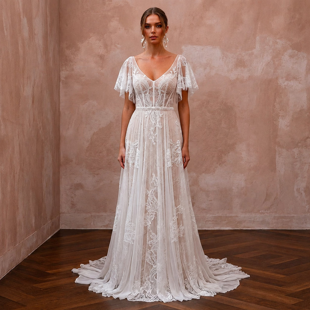 Lightweight Lace Wedding Gown with Flutter Sleeves for a Destination Ceremony - Apparel & Accessories > Clothing > Wedding & Bridal Party Dresses > Wedding Dresses - Mignonette Bridal