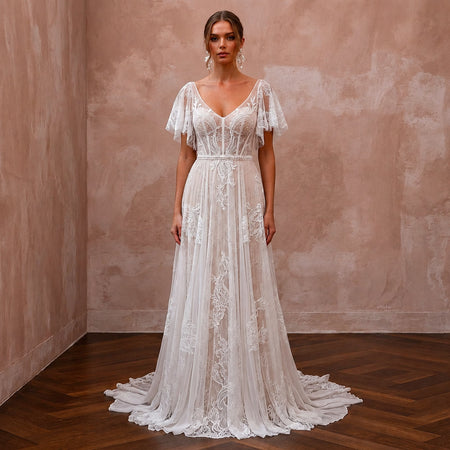 Lightweight Lace Wedding Gown with Flutter Sleeves for a Destination Ceremony - Apparel & Accessories > Clothing > Wedding & Bridal Party Dresses > Wedding Dresses - Mignonette Bridal