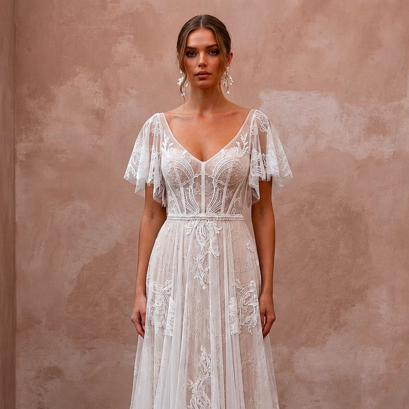 Lightweight Lace Wedding Gown with Flutter Sleeves for a Destination Ceremony - Apparel & Accessories > Clothing > Wedding & Bridal Party Dresses > Wedding Dresses - Mignonette Bridal