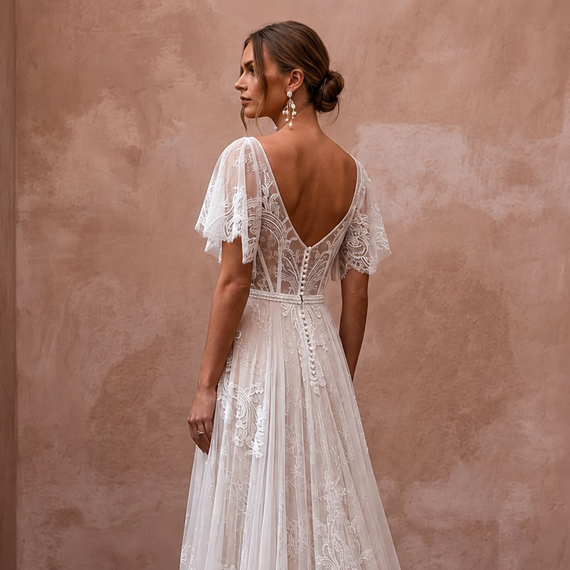 Lightweight Lace Wedding Gown with Flutter Sleeves for a Destination Ceremony - Apparel & Accessories > Clothing > Wedding & Bridal Party Dresses > Wedding Dresses - Mignonette Bridal