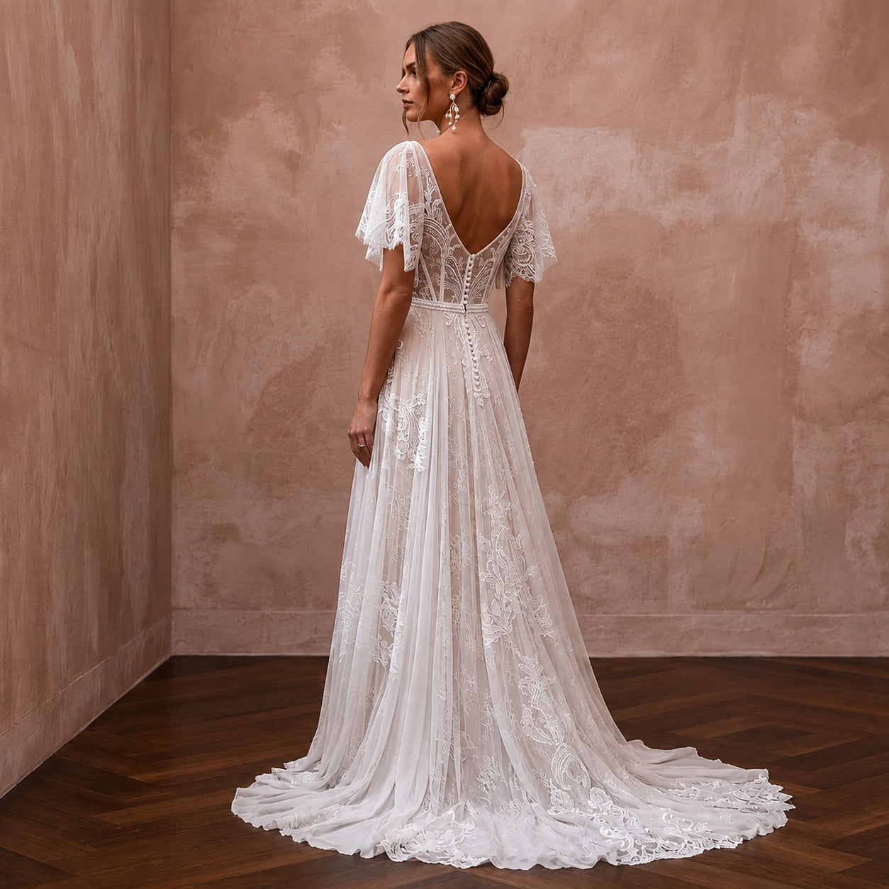 Lightweight Lace Wedding Gown with Flutter Sleeves for a Destination Ceremony - Apparel & Accessories > Clothing > Wedding & Bridal Party Dresses > Wedding Dresses - Mignonette Bridal