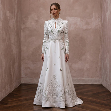 Long Sleeve A-Line Bridal Dress for a Christmas Wedding