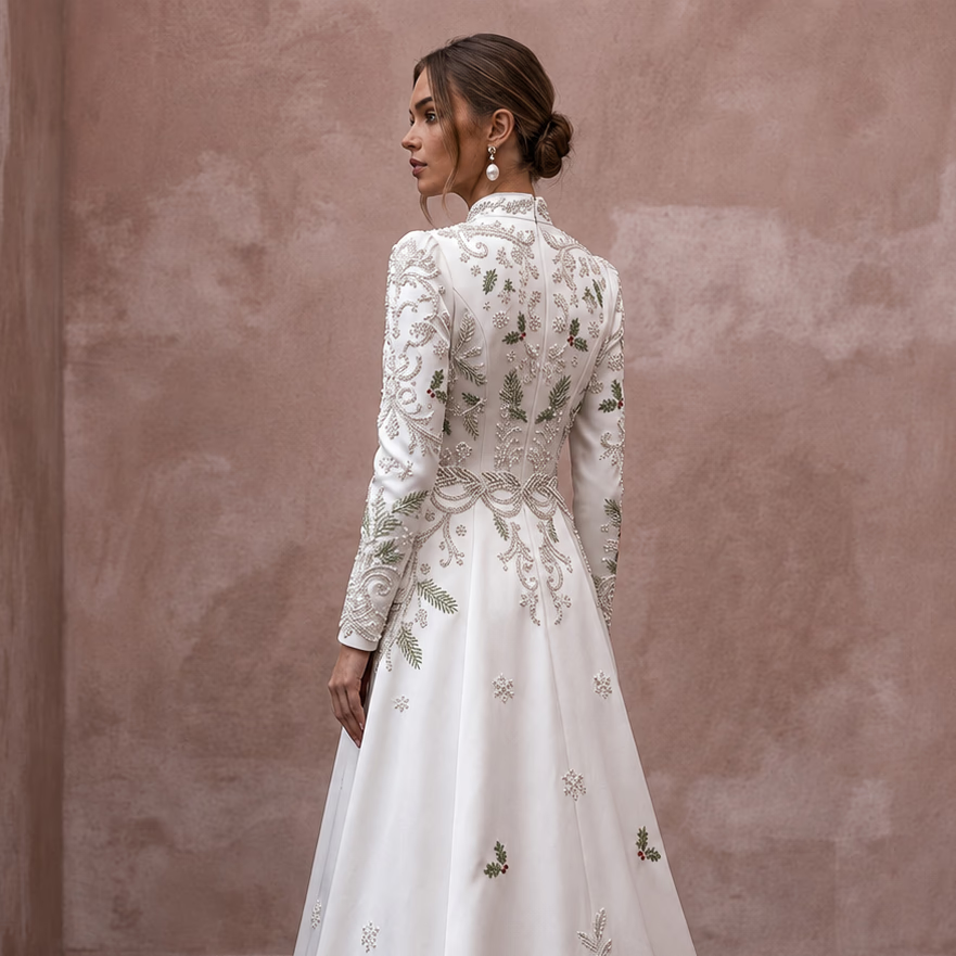 Long Sleeve A-Line Bridal Dress for a Christmas Wedding