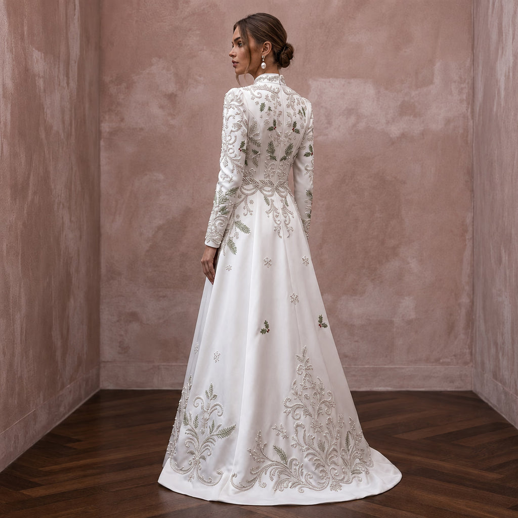 Long Sleeve A-Line Bridal Dress for a Christmas Wedding