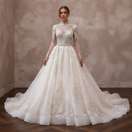 Long Sleeve Ball Gown Bridal Dress for a Cathedral Wedding