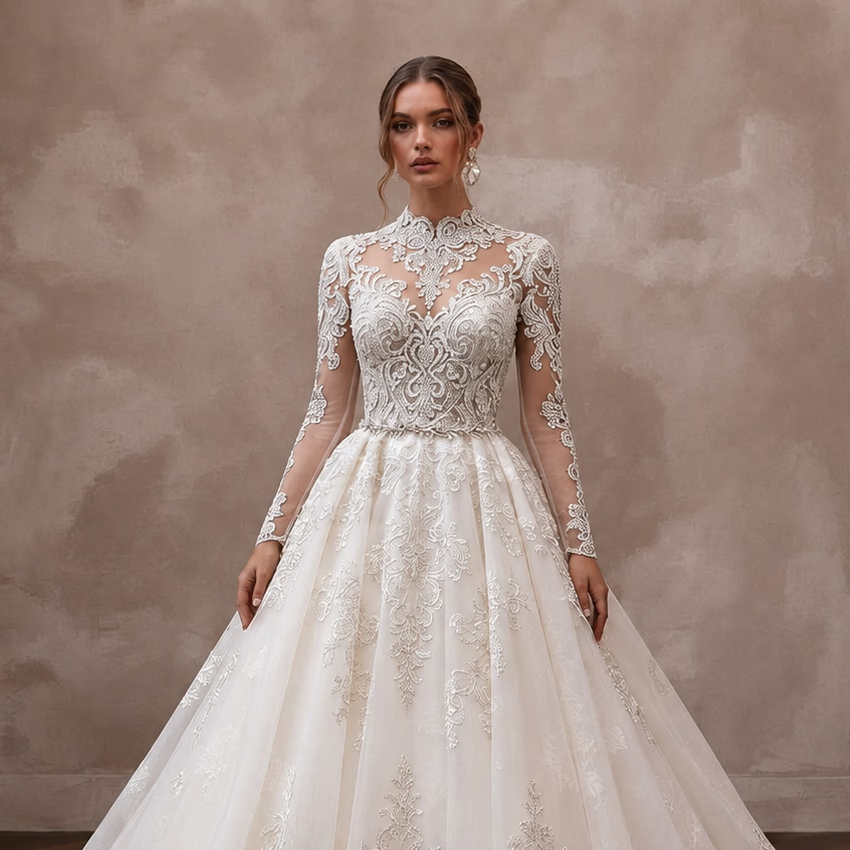 Long Sleeve Ball Gown Bridal Dress for a Cathedral Wedding