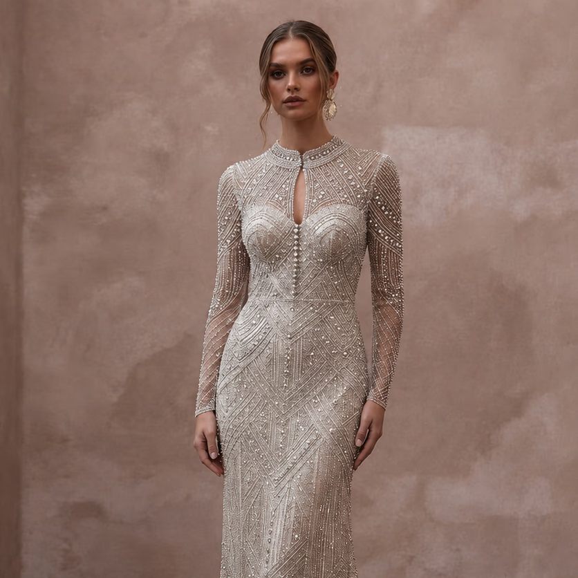 Long Sleeve Beaded Bridal Gown for a New Year's Wedding