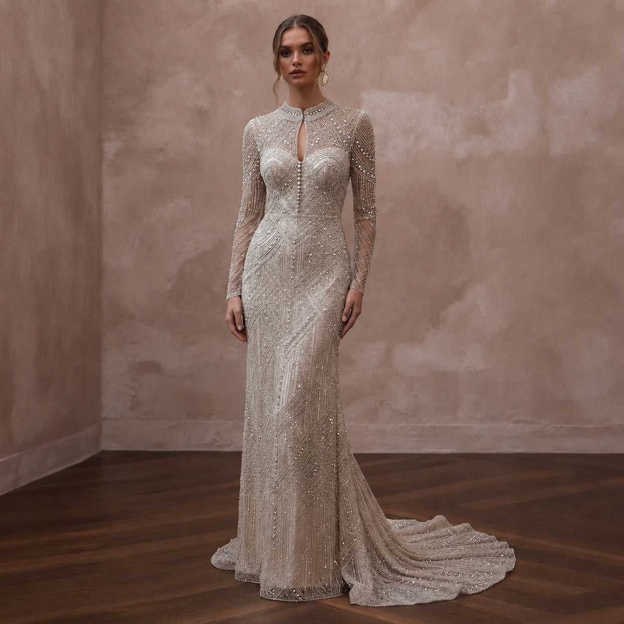 Long Sleeve Beaded Bridal Gown for a New Year's Wedding