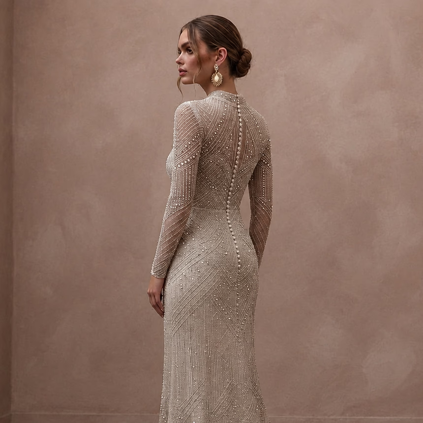 Long Sleeve Beaded Bridal Gown for a New Year's Wedding