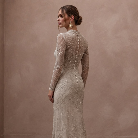 Long Sleeve Beaded Bridal Gown for a New Year's Wedding