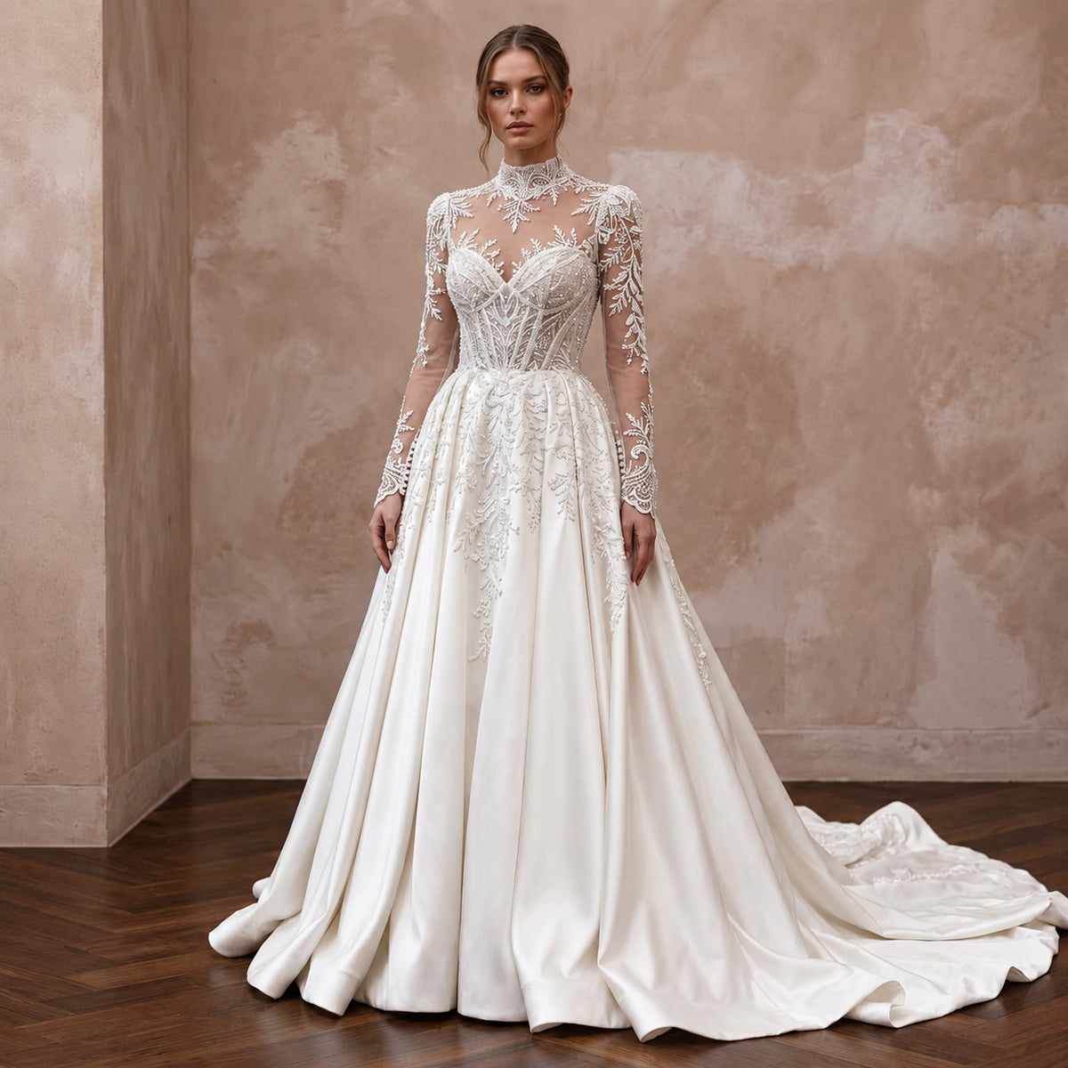 Long Sleeve Bridal Gown for a Christmas Church Wedding - Apparel & Accessories > Clothing > Wedding & Bridal Party Dresses > Wedding Dresses - Mignonette Bridal Main image