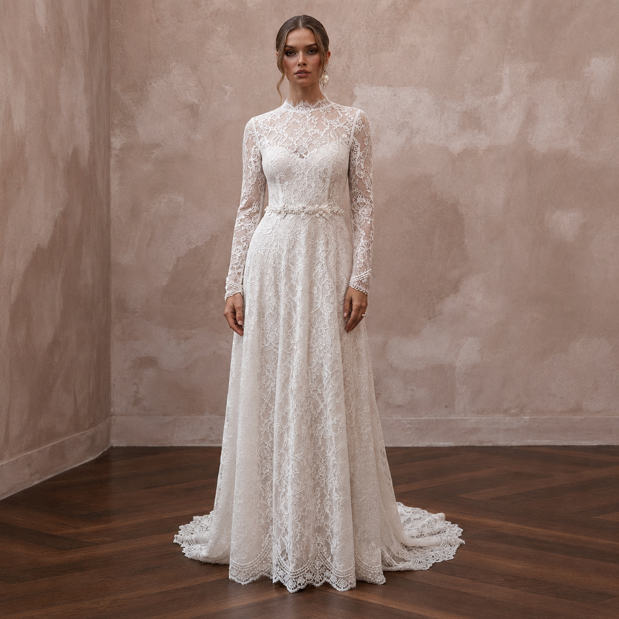 Long Sleeve Chantilly Lace Wedding Dresses with Romantic Style