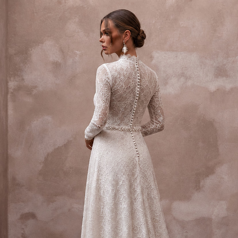 Long Sleeve Chantilly Lace Wedding Dresses with Romantic Style - Apparel & Accessories > Clothing > Wedding & Bridal Party Dresses > Wedding Dresses - Mignonette