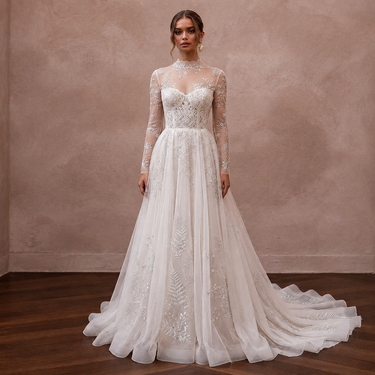 Long Sleeve Chiffon Bridal Dress for a Winter Garden Wedding