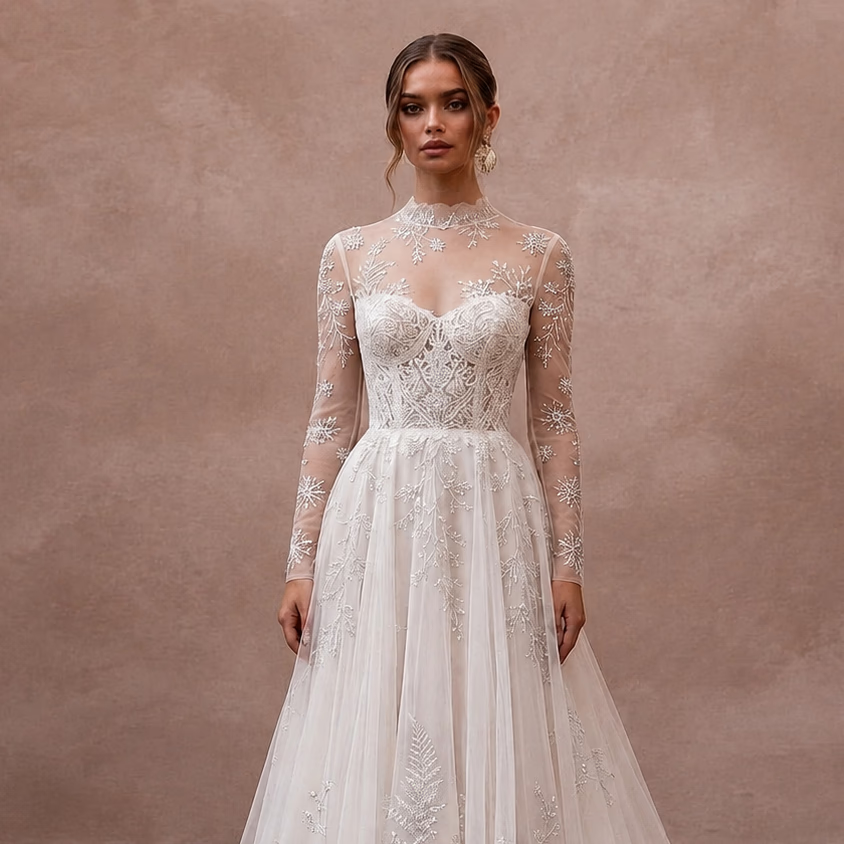 Long Sleeve Chiffon Bridal Dress for a Winter Garden Wedding