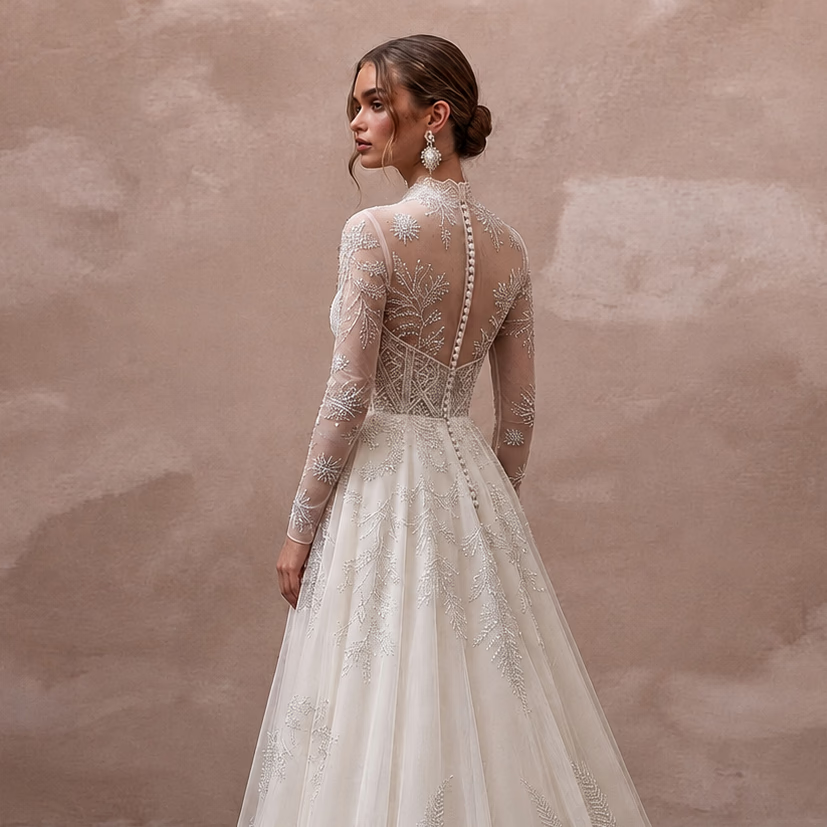 Long Sleeve Chiffon Bridal Dress for a Winter Garden Wedding