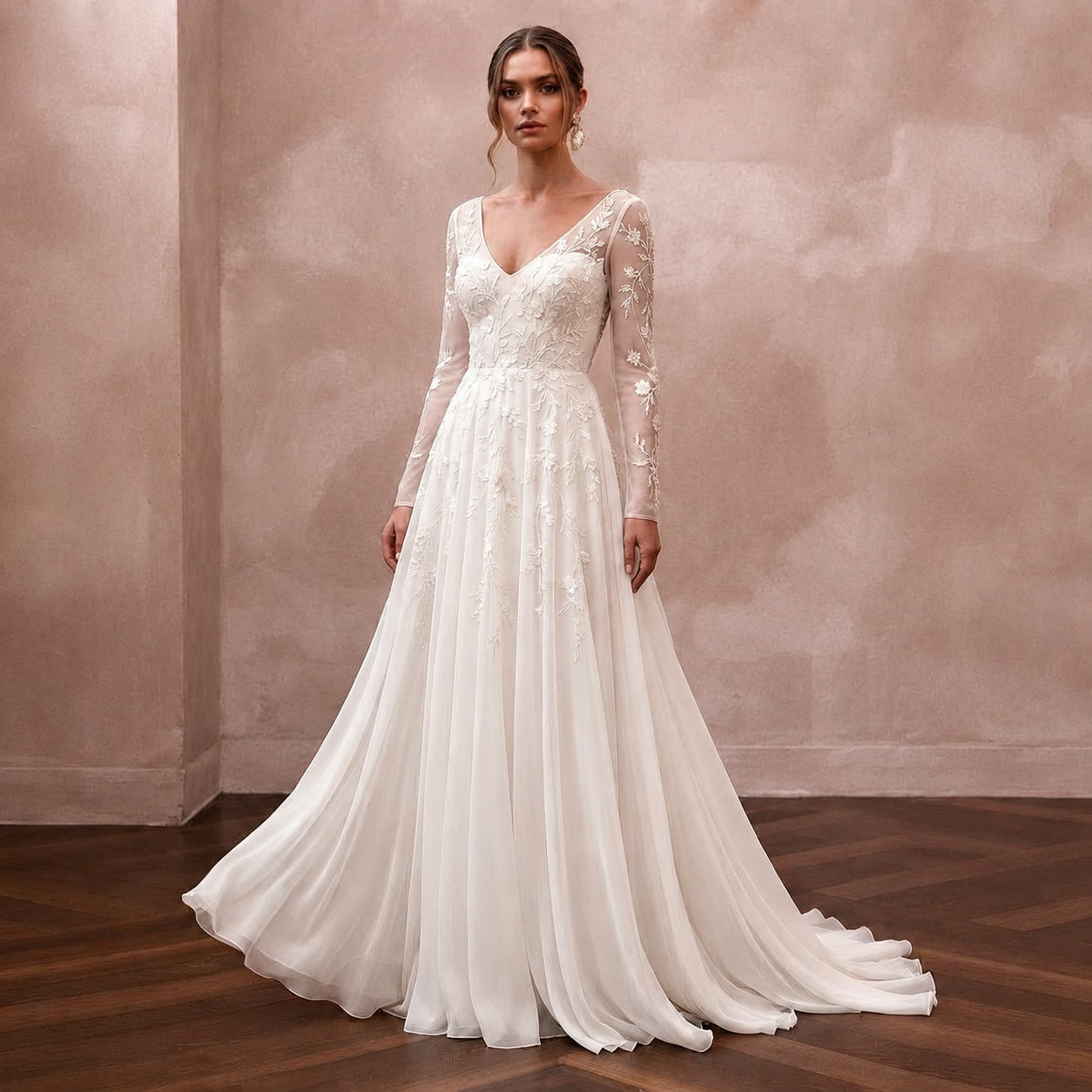 Long Sleeve Chiffon Bridal Gown for a Mountain Wedding