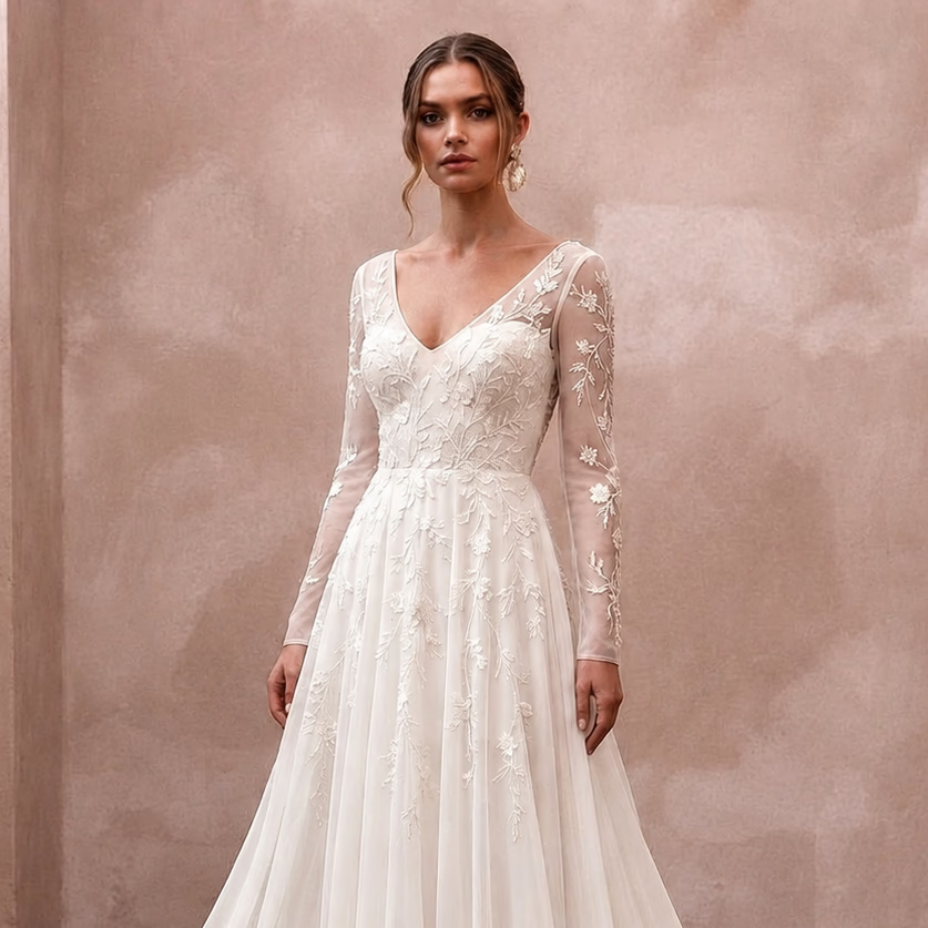 Long Sleeve Chiffon Bridal Gown for a Mountain Wedding