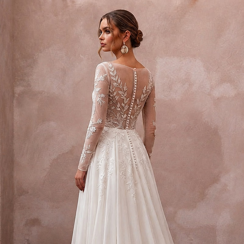Long Sleeve Chiffon Bridal Gown for a Mountain Wedding