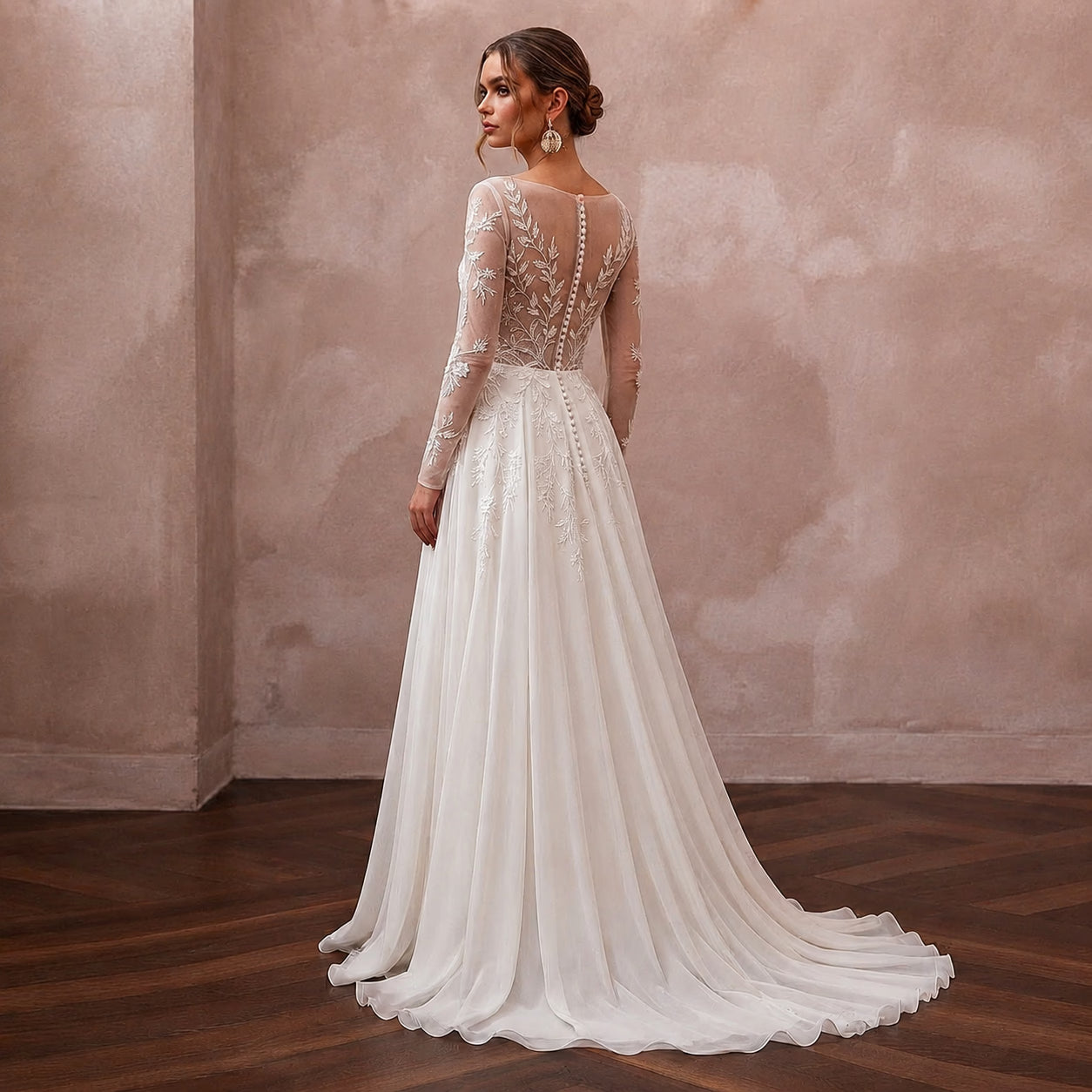 Long Sleeve Chiffon Bridal Gown for a Mountain Wedding