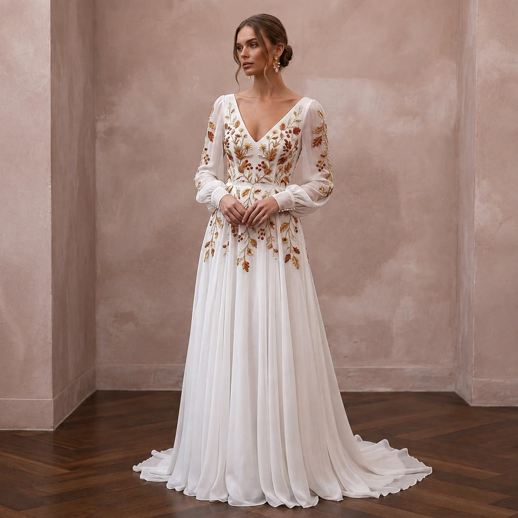 Long Sleeve Chiffon Wedding Dress for an Autumn Elopement