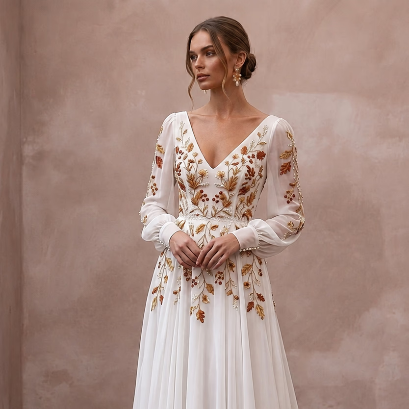 Long Sleeve Chiffon Wedding Dress for an Autumn Elopement