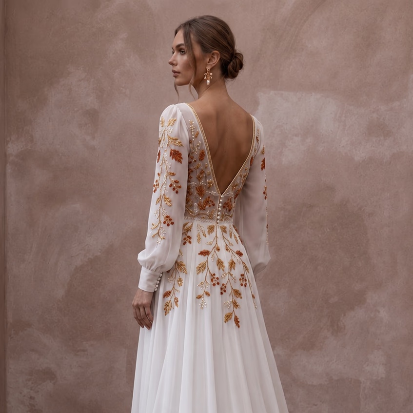 Long Sleeve Chiffon Wedding Dress for an Autumn Elopement