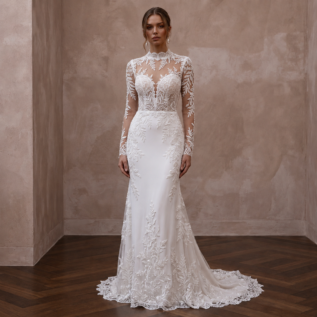 Long Sleeve Lace Bridal Gown for a Traditional Wedding - Apparel & Accessories > Clothing > Wedding & Bridal Party Dresses > Wedding Dresses - Mignonette Bridal