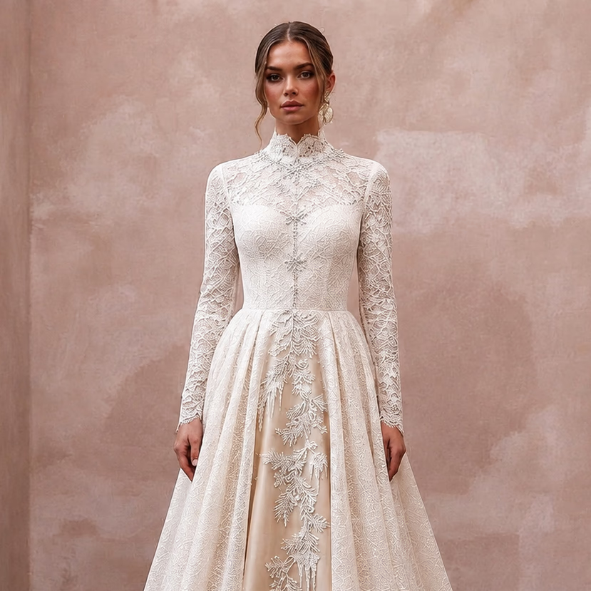 Long Sleeve Lace Bridal Gown for a Winter Mountain Ceremony