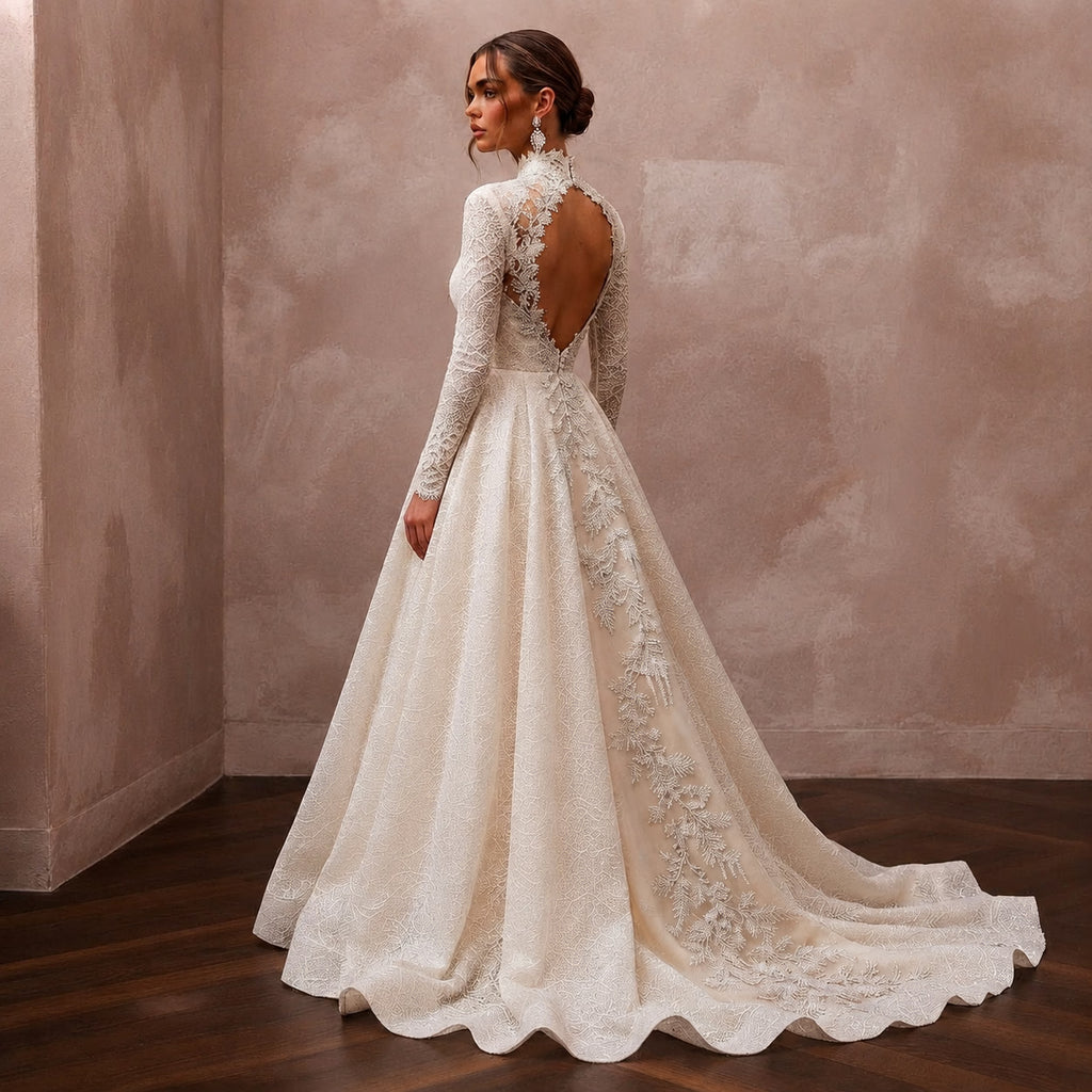 Long Sleeve Lace Bridal Gown for a Winter Mountain Ceremony
