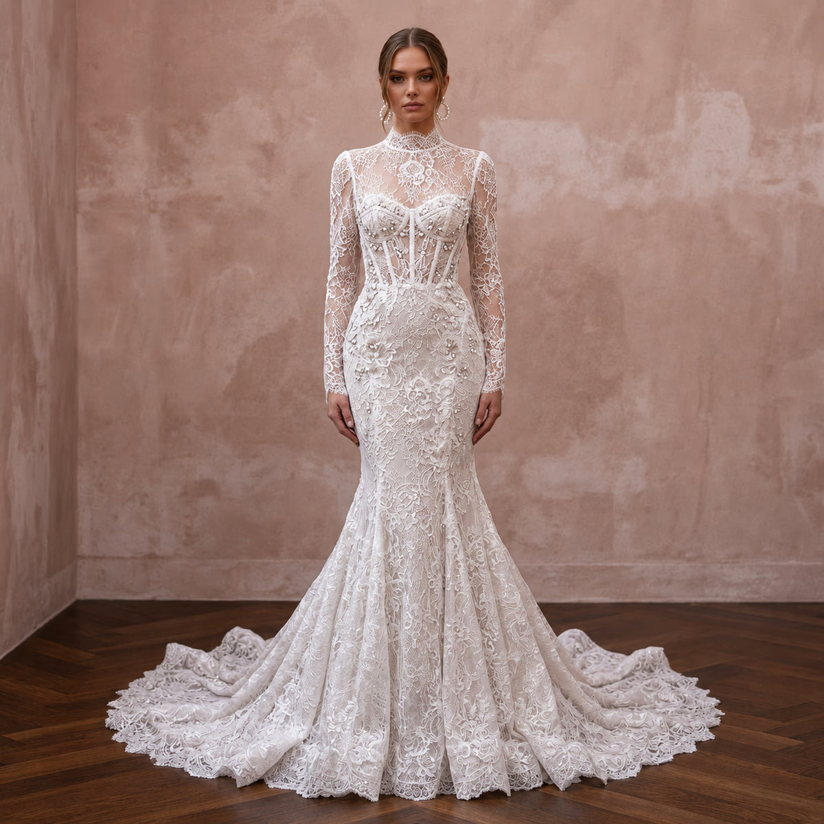 Long Sleeve Lace Mermaid Wedding Gown - Apparel & Accessories > Clothing > Wedding & Bridal Party Dresses > Wedding Dresses - Mignonette Bridal