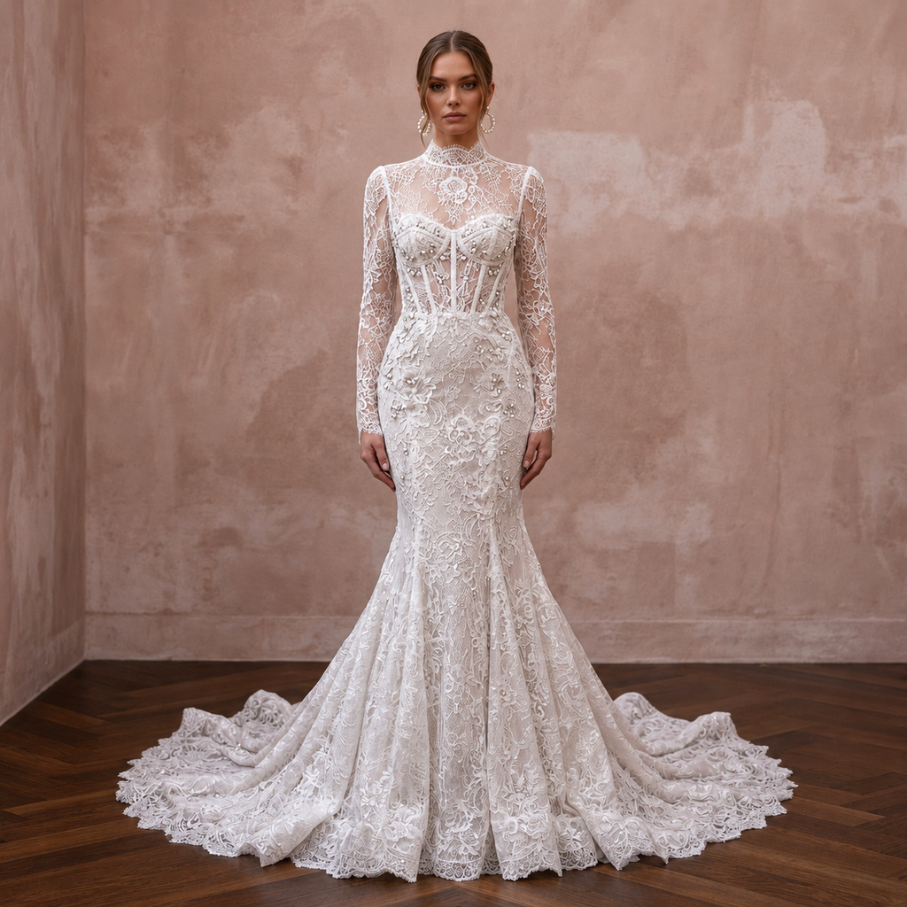 Long Sleeve Lace Mermaid Wedding Gown - Apparel & Accessories > Clothing > Wedding & Bridal Party Dresses > Wedding Dresses - Mignonette Bridal