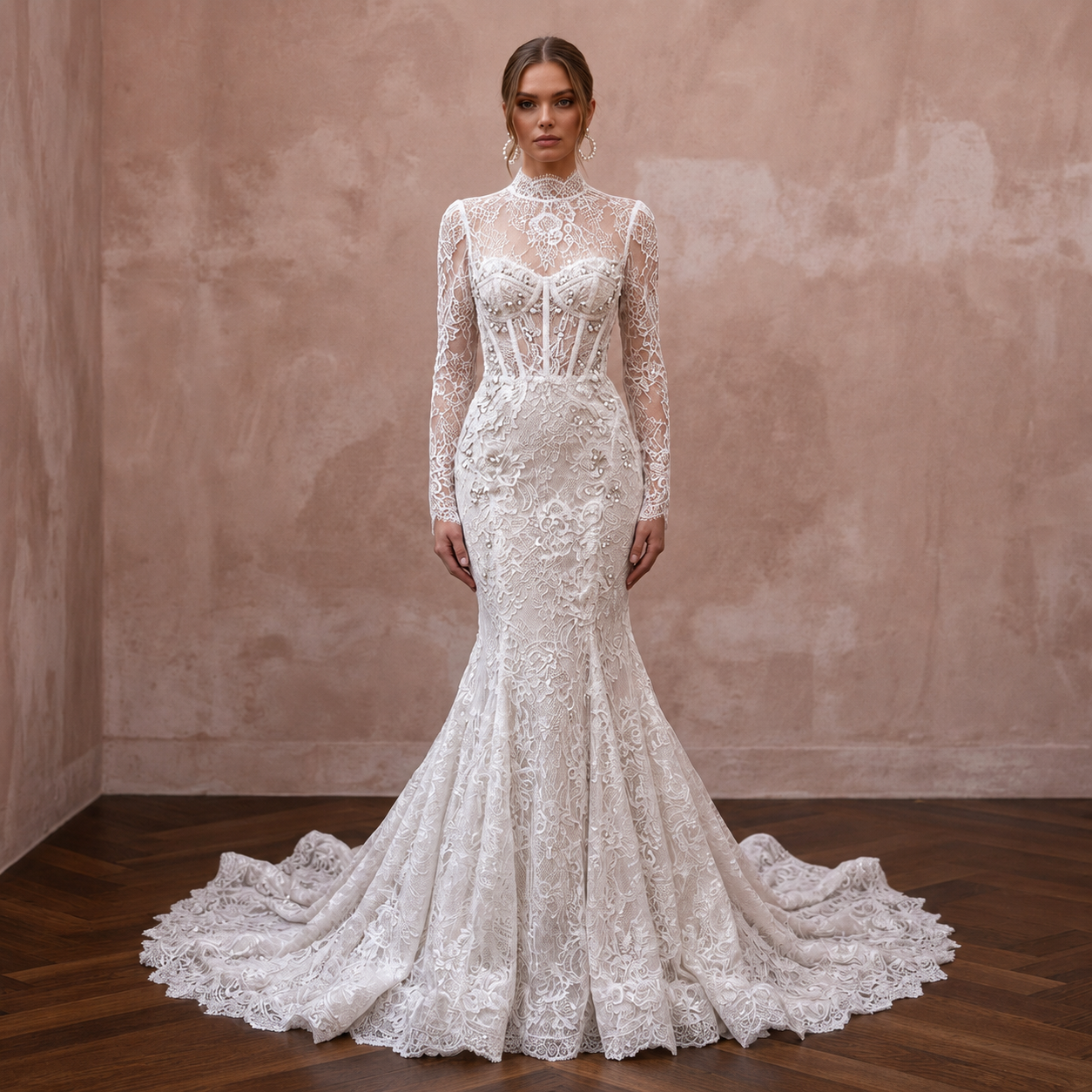 Long Sleeve Lace Mermaid Wedding Gown - Apparel & Accessories > Clothing > Wedding & Bridal Party Dresses > Wedding Dresses - Mignonette Bridal
