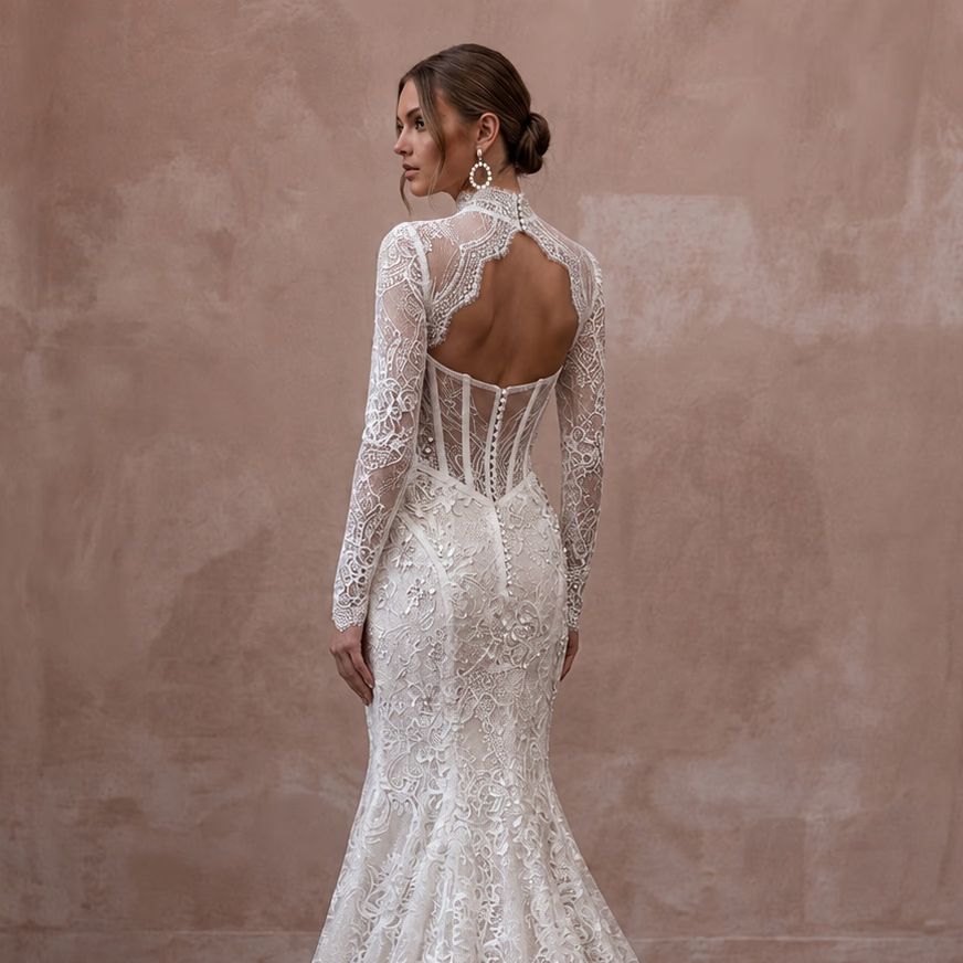 Long Sleeve Lace Mermaid Wedding Gown - Apparel & Accessories > Clothing > Wedding & Bridal Party Dresses > Wedding Dresses - Mignonette Bridal