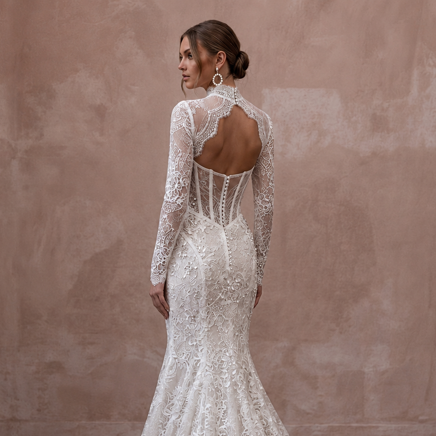 Long Sleeve Lace Mermaid Wedding Gown - Apparel & Accessories > Clothing > Wedding & Bridal Party Dresses > Wedding Dresses - Mignonette Bridal