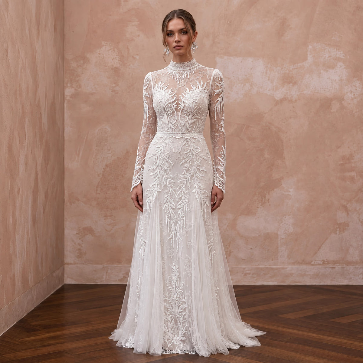 Long Sleeve Lace Wedding Dress for a Snowy Mountain Elopement - Apparel & Accessories > Clothing > Wedding & Bridal Party Dresses > Wedding Dresses - Mignonette Bridal Main image