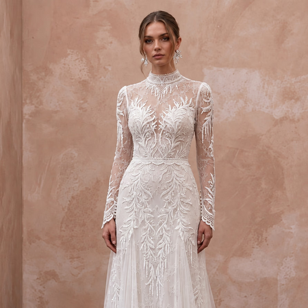 Long Sleeve Lace Wedding Dress for a Snowy Mountain Elopement - Apparel & Accessories > Clothing > Wedding & Bridal Party Dresses > Wedding Dresses - Mignonette Bridal