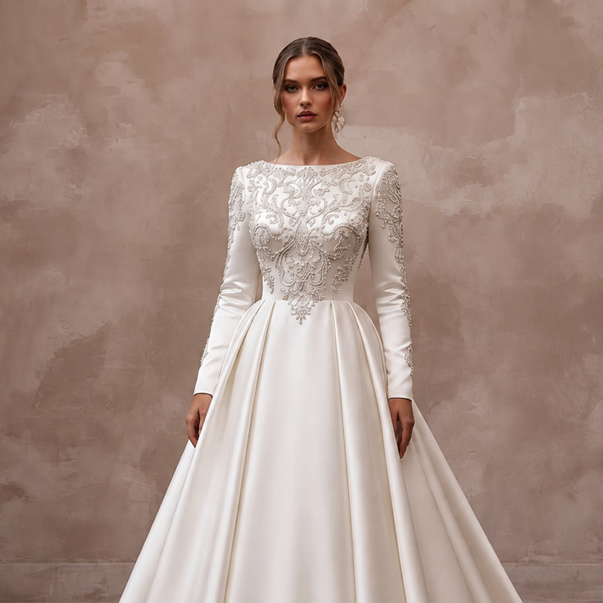 Long Sleeve Satin Bridal Dress for a Formal Cathedral Wedding