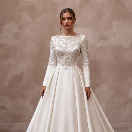 Long Sleeve Satin Bridal Dress for a Formal Cathedral Wedding