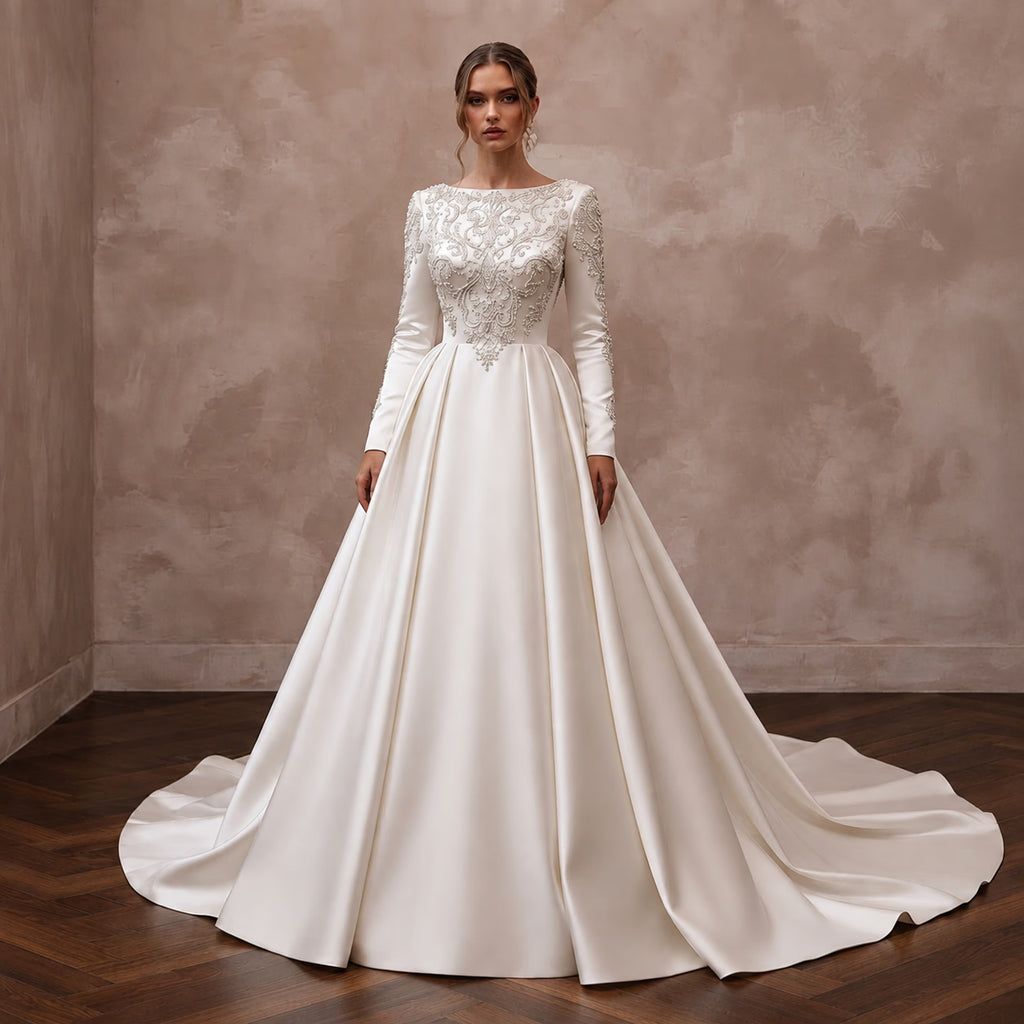 Long Sleeve Satin Bridal Dress for a Formal Cathedral Wedding