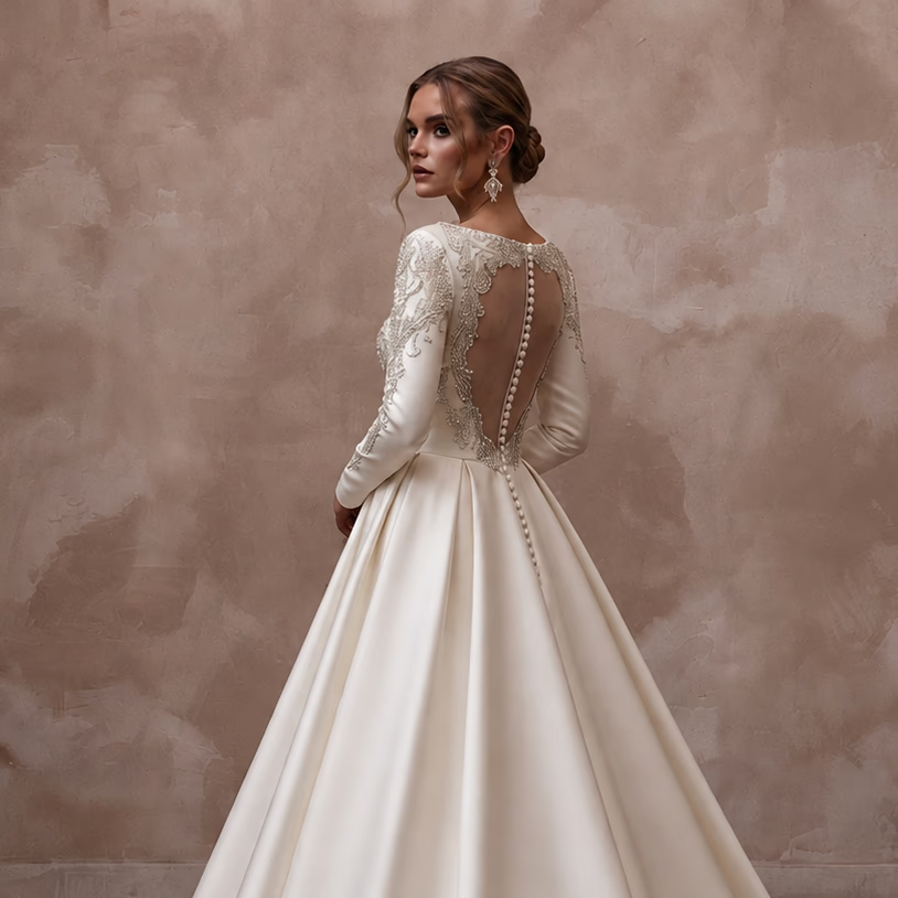 Long Sleeve Satin Bridal Dress for a Formal Cathedral Wedding