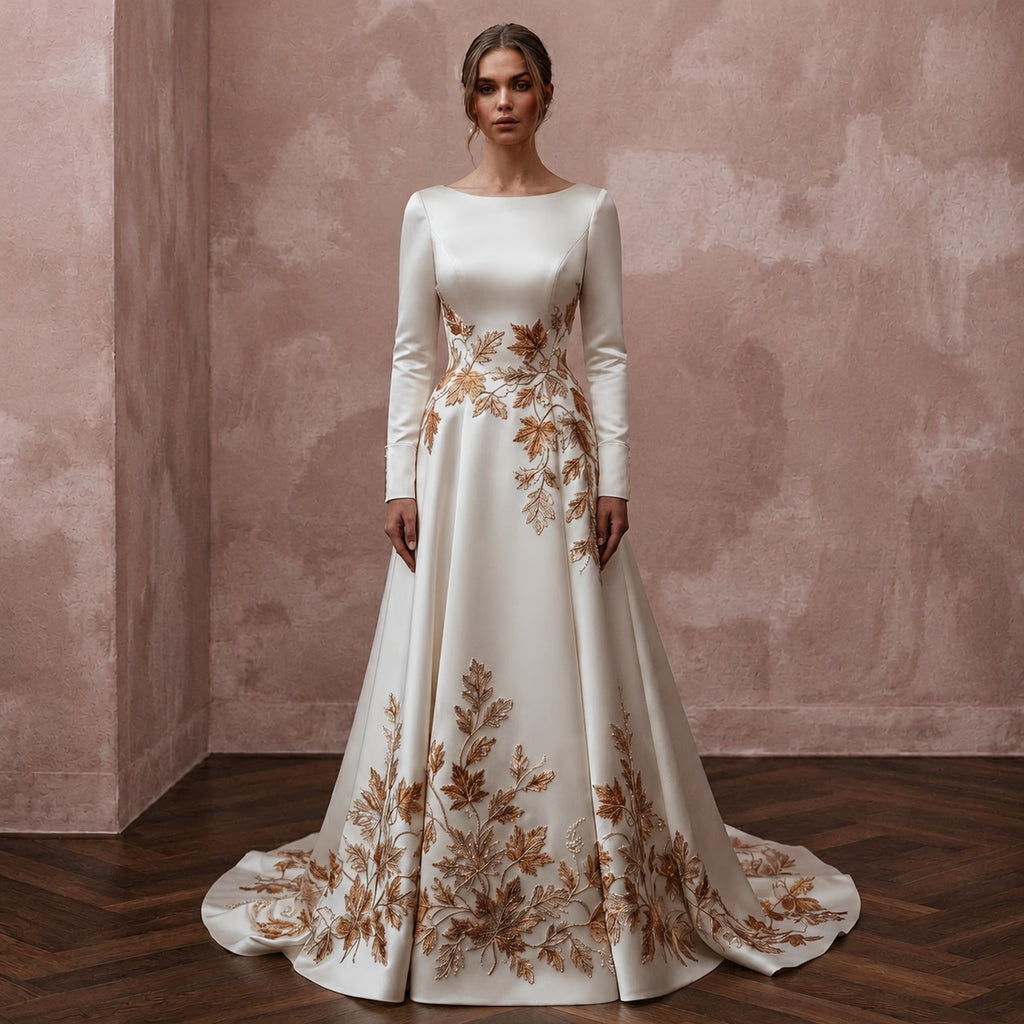 Long Sleeve Satin Bridal Dress for an Autumn Wedding