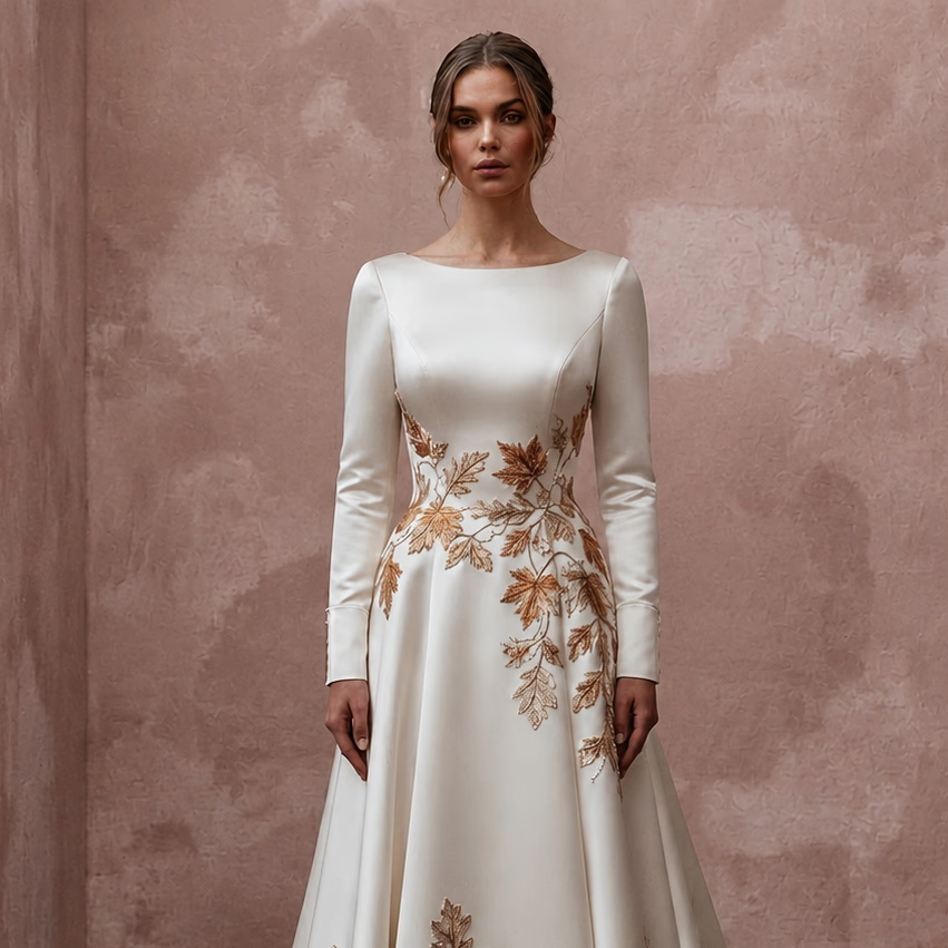 Long Sleeve Satin Bridal Dress for an Autumn Wedding