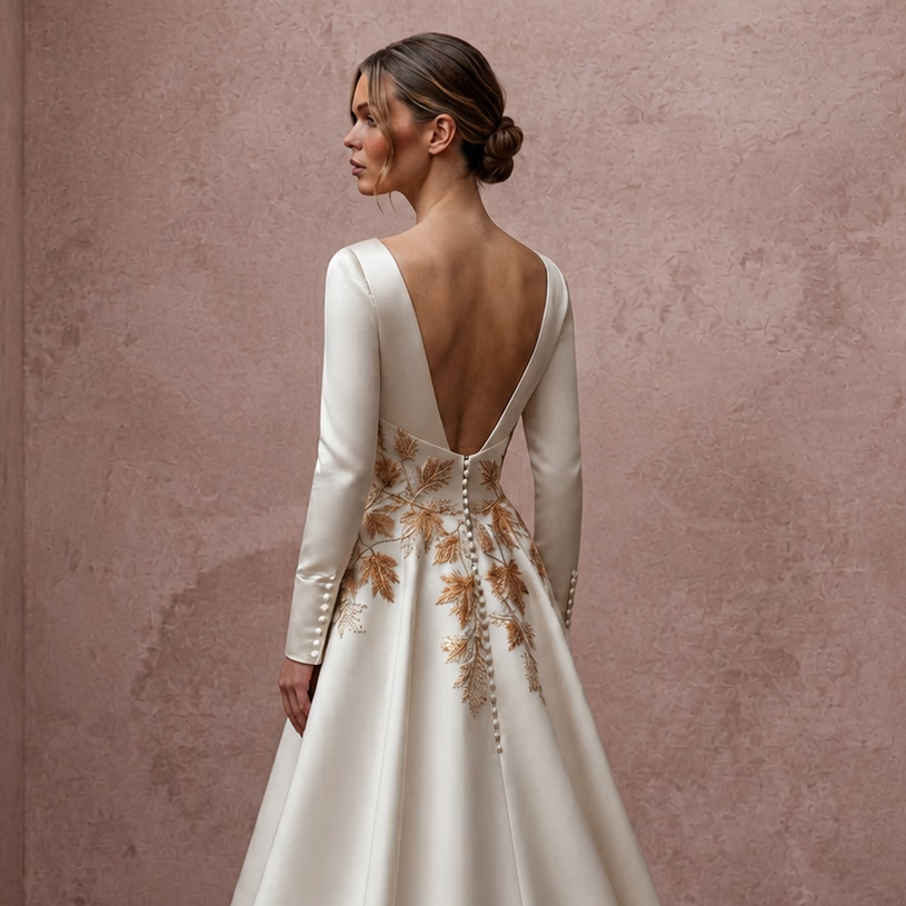Long Sleeve Satin Bridal Dress for an Autumn Wedding