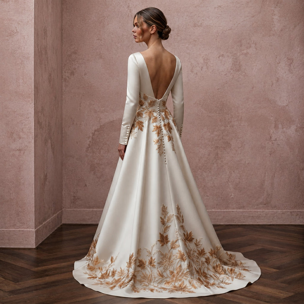 Long Sleeve Satin Bridal Dress for an Autumn Wedding