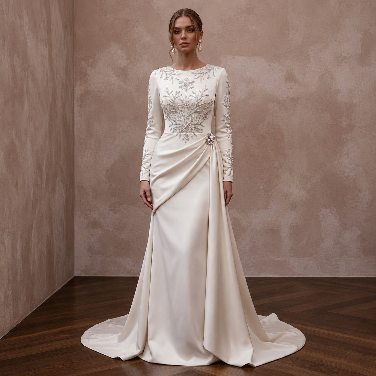 Long Sleeve Satin Bridal Gown for a Winter Reception